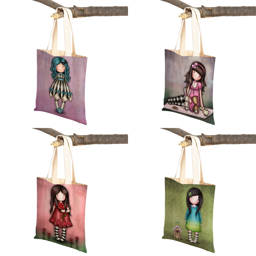 Cartoon Children Shopping Bag for Lady Both Sided Foldable Reusable Canvas Casual Cute Girl Tote Women Travel Portable Handbag