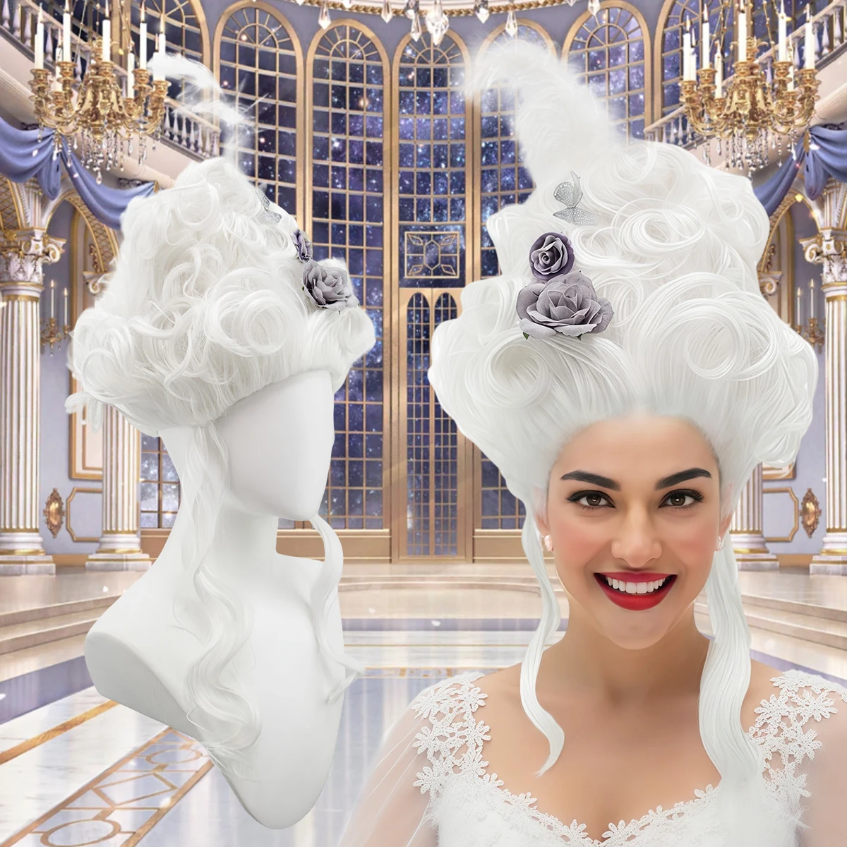 

Vintage Baroque Flower Wigs, High Crown Waves + Floral Decorations, European Retro Style Costumes & Stage Performance Looks