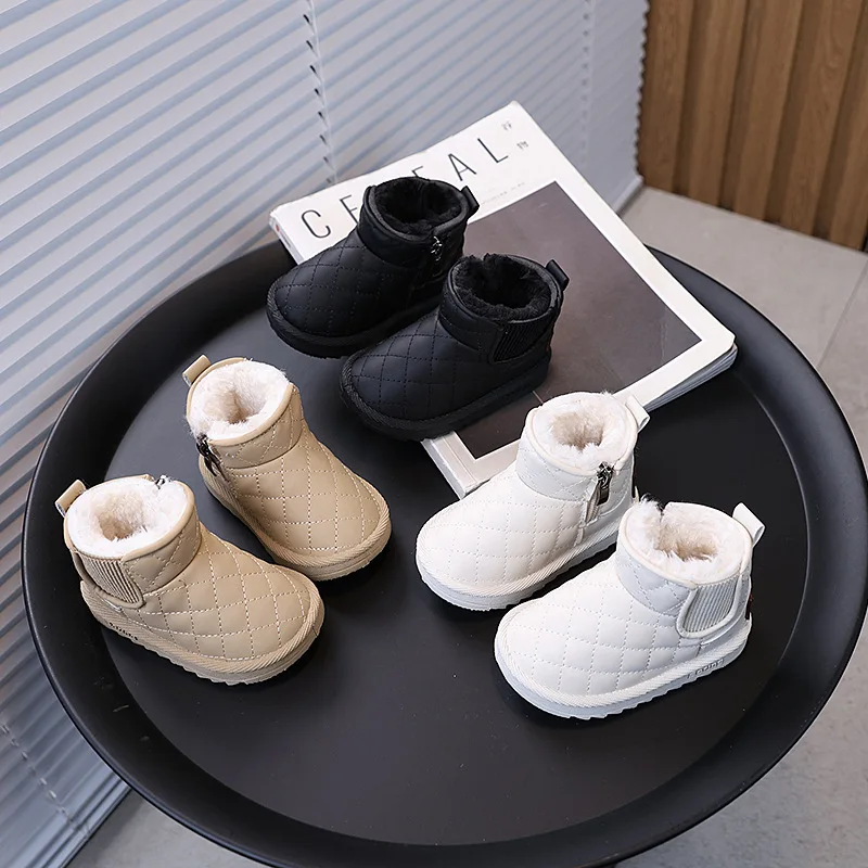 Kids'Boots Solid Color PU Leather Chain Zip Fashion Winter Shoes For Children Anti-slip Warm Black White Shoes Size 17-28