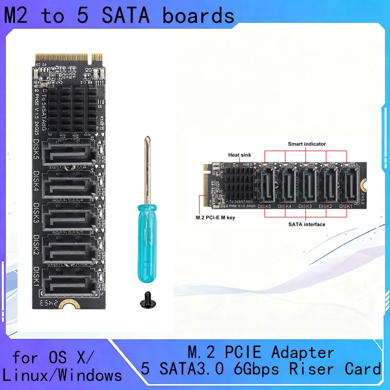 M.2 PCIE Adapter PCIE3.0 X2 16Gbps 5 SATA3.0 6Gbps Riser Card Plus Heat Sink for OS X/Linux/Windows High Work Efficiency