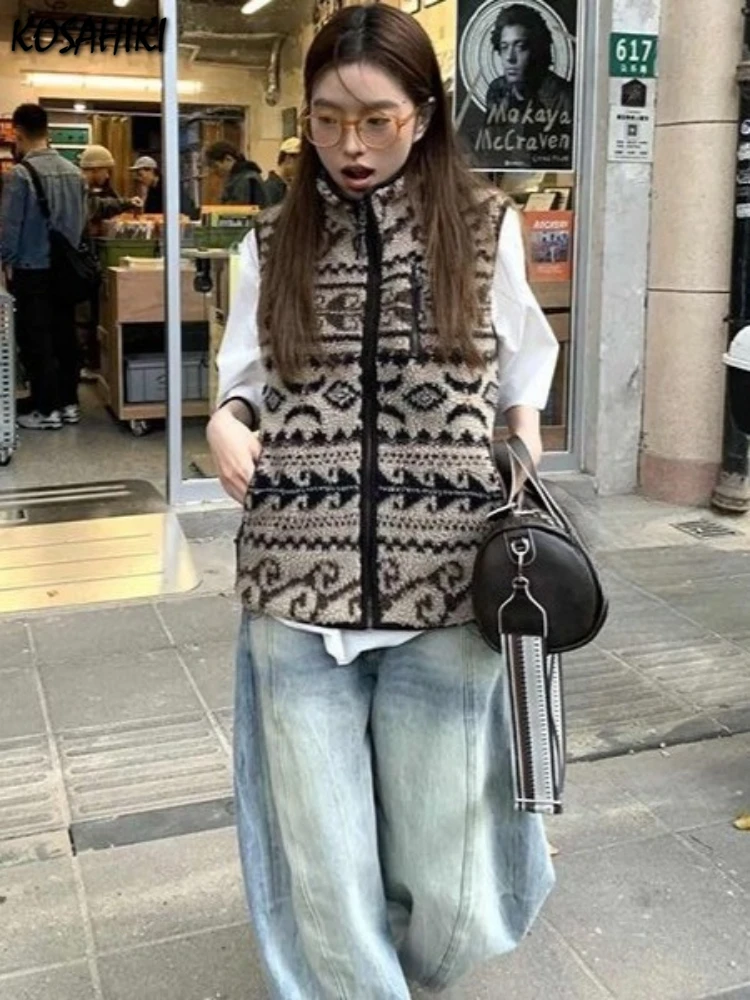 

Y2k Эстетическая зимняя винтажная жаккардовая майка женская уличная одежда с воротником-стойкой повседневная ​ Майки Harajuku Grunge Свободная бретелька на молнии