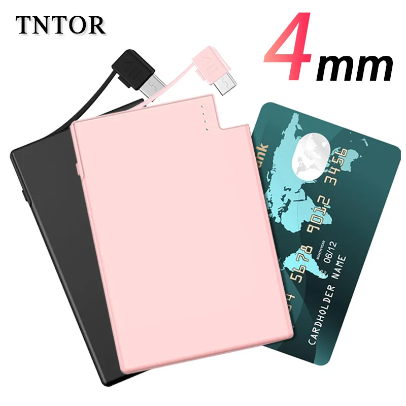 TNTOR Mini Portable Card Power Bank 2500mAh 4mm Ultra-thin Type-c Fast Built-in Cable Backup Battery for iPhone Xiaomi Redmi