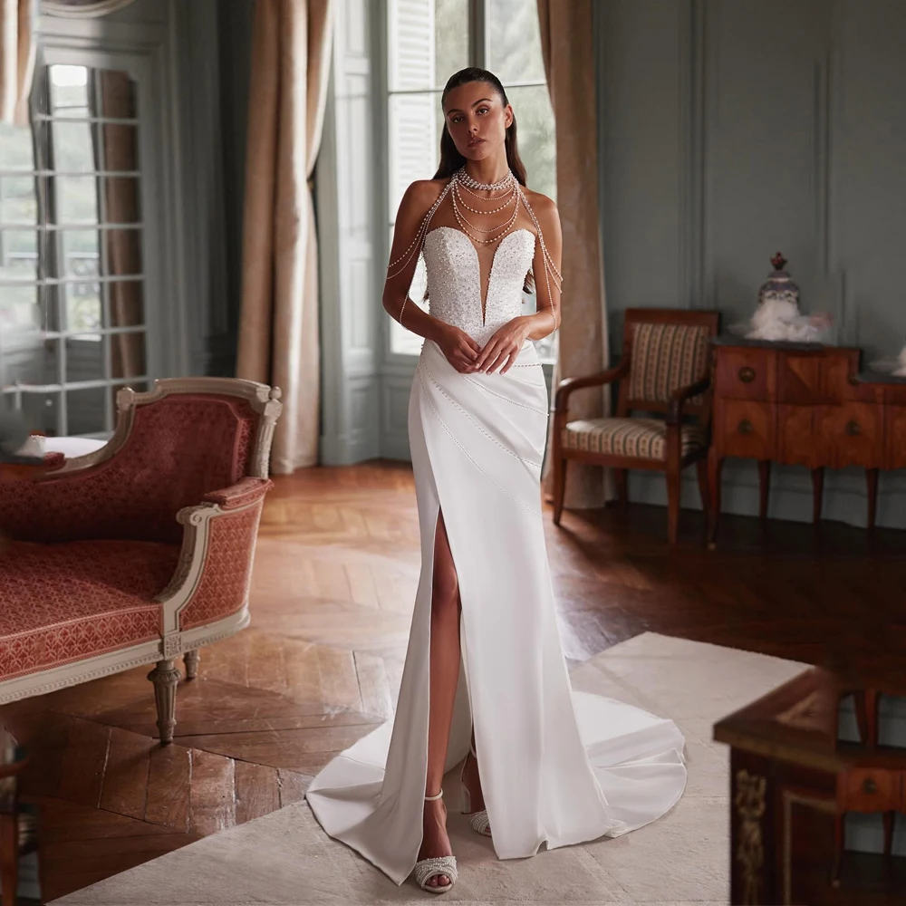 

Satin Wedding Dresses 2025 Luxury Mermaid Strapless Sleeveless Sequined Bride Prom Gown Pleat Bridal Gowns Customized Robe