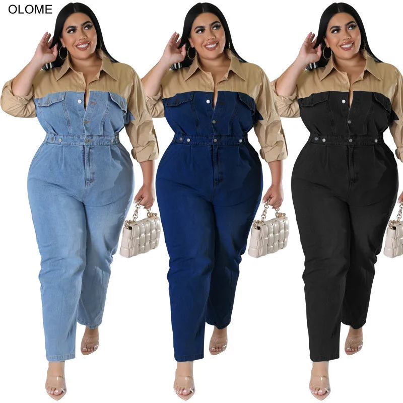 2023 Plus Size 5XL Denim Contrast Colors Women Jumpsuit Fashion Jeans Long Sleeves Turn Down Buttons Patchwork Casual Rompers