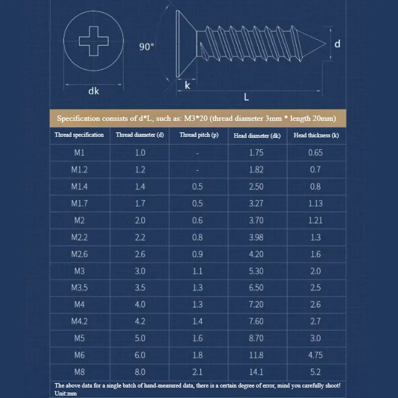 304 Stainless Steel Cross Recessed Flat Countersunk Head Tapping Screws Self-Tapping Wood Screws M1 M1.2 M1.4 M1.7 M2 - M3.5