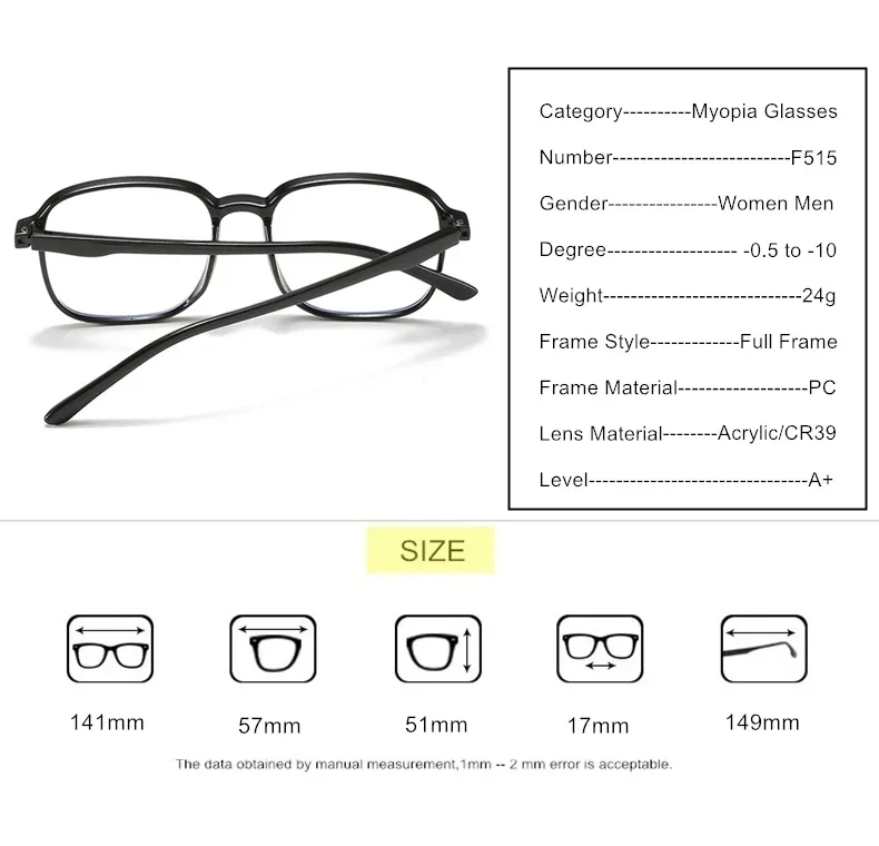 Photochrome Anti Blue Ray Myopie Gläser Frauen Männer Übergroßen Quadratischen Rahmen Kurzsichtig Brille Rezept-0,5 zu-10 F515 – Detail 11