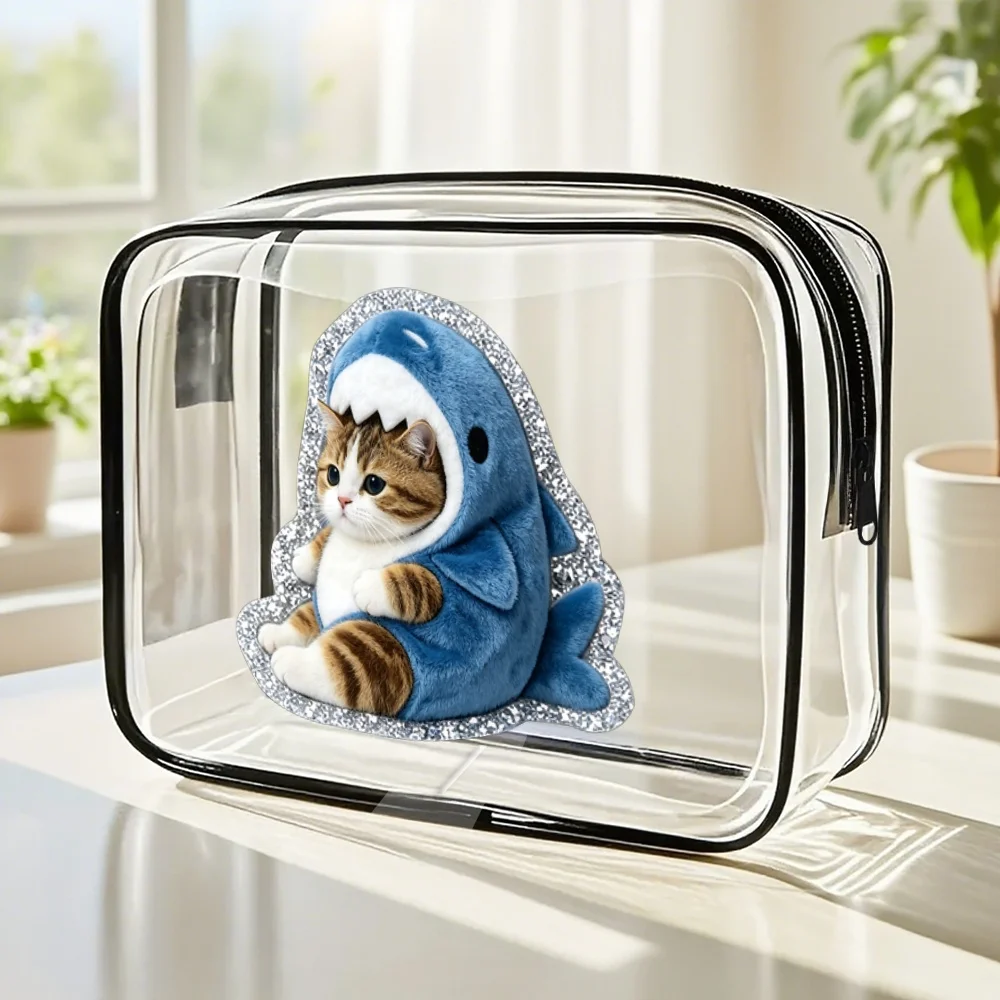 Shark Cat Clear Pvc Zipper Pouch Kawaii Glitter Sticker Style Travel Cosmetic Bag Beach Makeup Organizer Gift for Cat Lovers