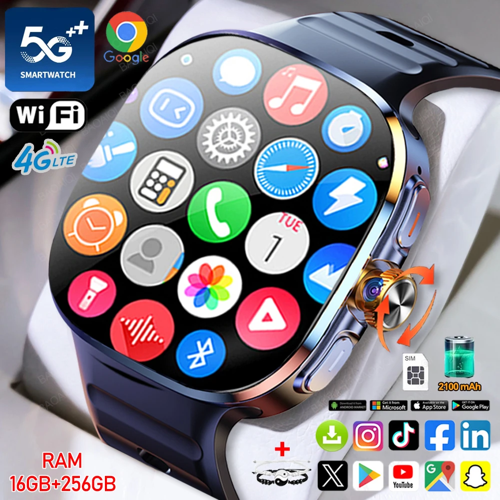 

5G/4G Full Network Smart Watch 720*720 AMOLED Screen 16GB+256GB RAM 2100 mAh 900W Camera Video Call GPS WIFI Google Smartwatch