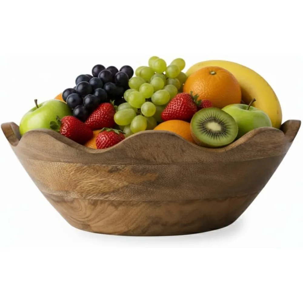 

Handcrafted Scalloped Wooden Serving Bowl, 12 Inch Mango Wood with Natural Grain Finish for Kitchen and Home Decor