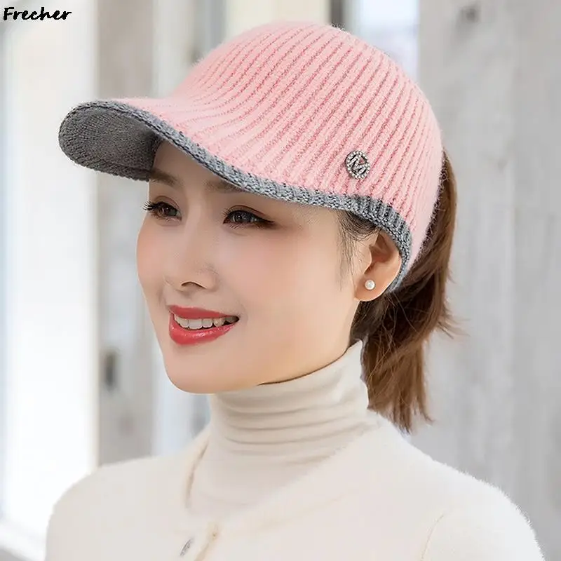 Women Winter Knitted Hats 2024 Outdoor Crochet Wool Caps Elastic Baseball Cap Comfortable Ponytail Beanie Hat Warm Skullies