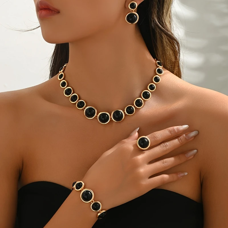 New Fashionable Round Patchwork Necklace Bracelet, Ring Earrings, Women's Personalized Jewelry Set Holiday Accessories