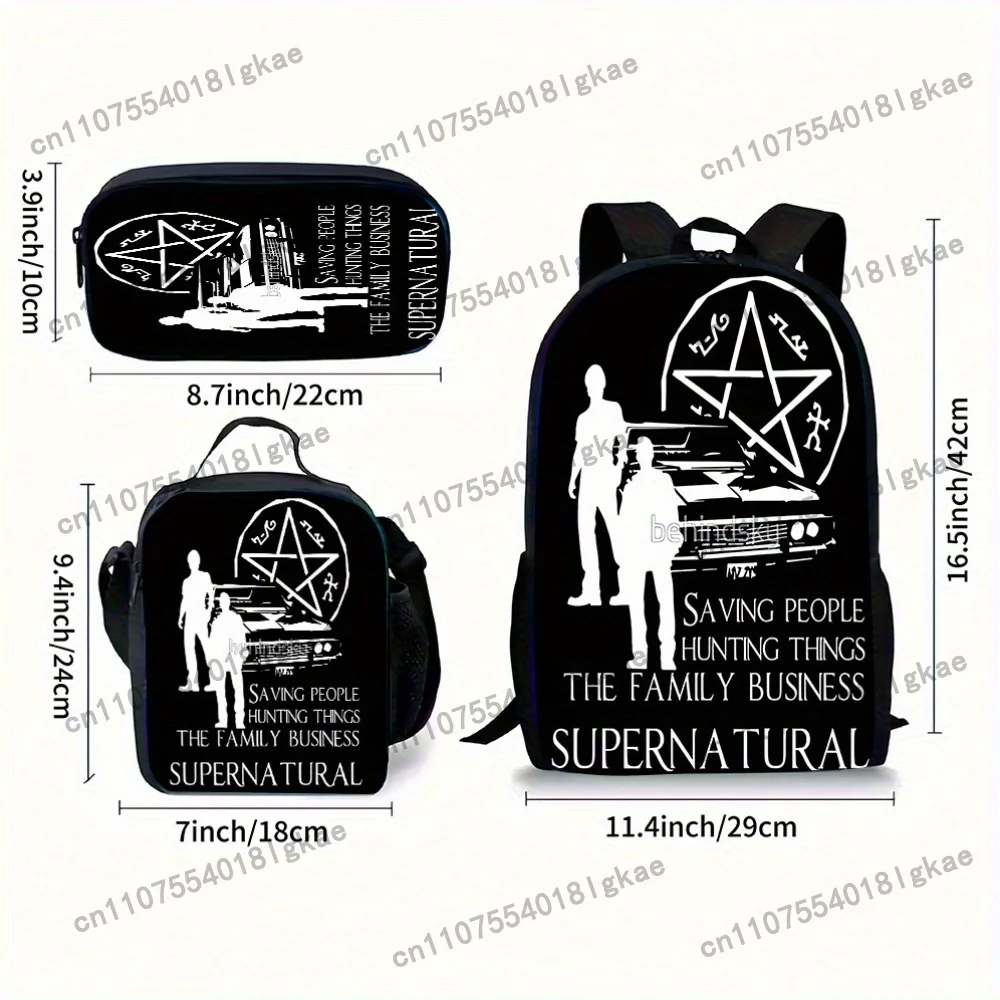 [Durable] Supernatural Themed Backpack Set with School Bag, Pencil Case & Lunch Box – Large Capacity Laptop Backpack, Foldable &