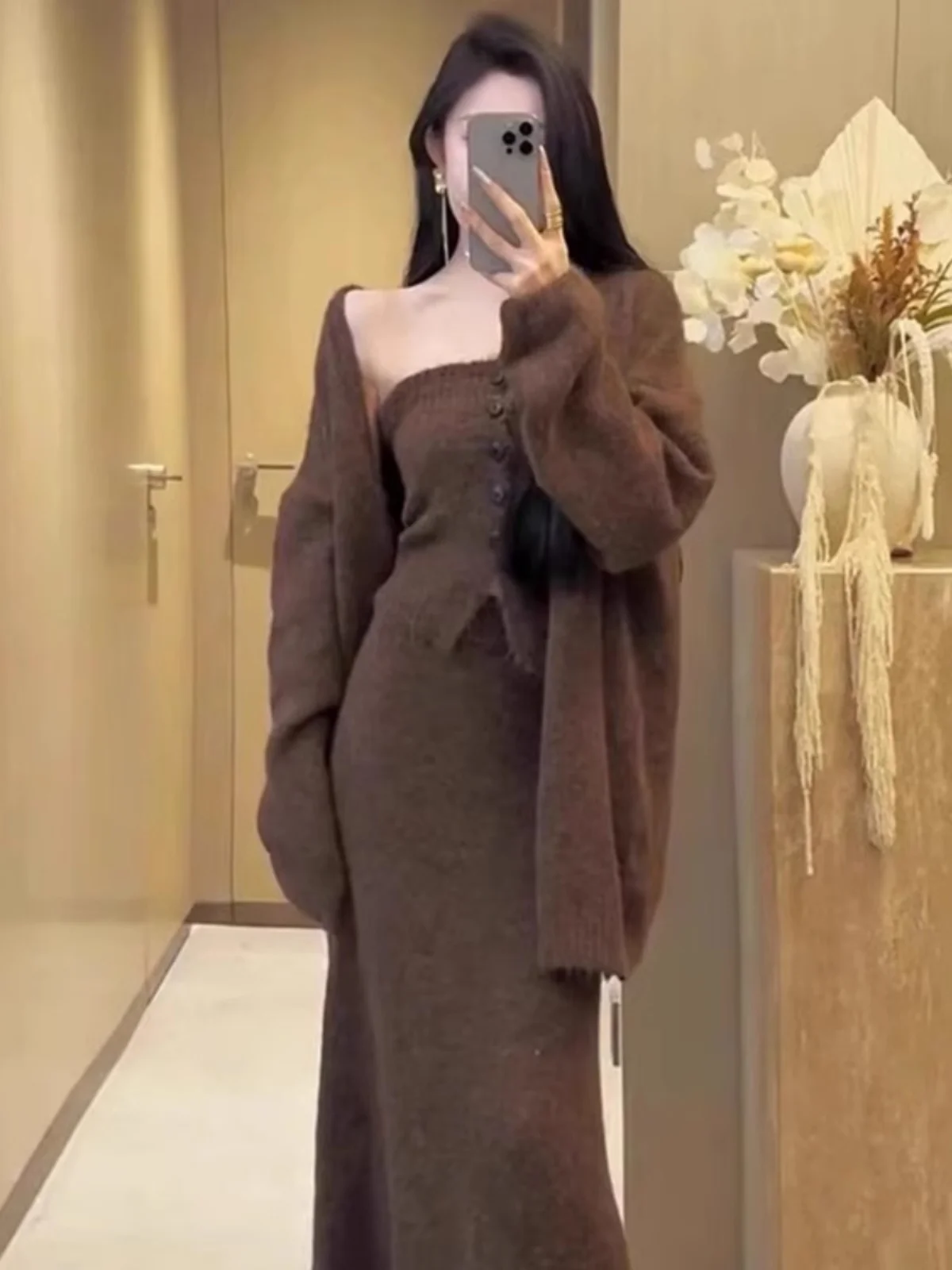 レトロレディライクスタイルニットセーター3点セット レディース 秋新作 韓国風 ノースリーブベスト オープンカーディガン ミニスカート