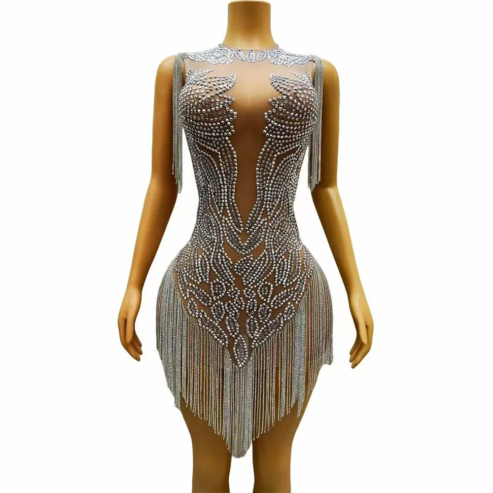 Traje de fiesta para mujer, disfraz de sesión de fotos puesta en escena, cantante, bailarina, Sexy, diamantes de imitación plateados, cadenas de cristales, vestido de malla desnuda