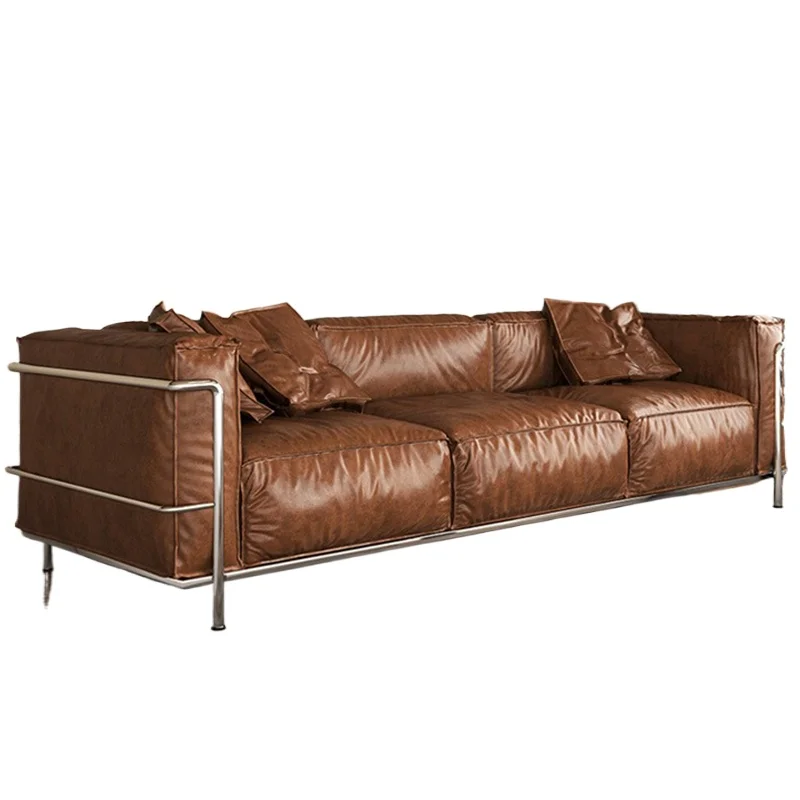 Bauhaus straight row sofa, medieval leather, black obsidian small apartment living room sofa