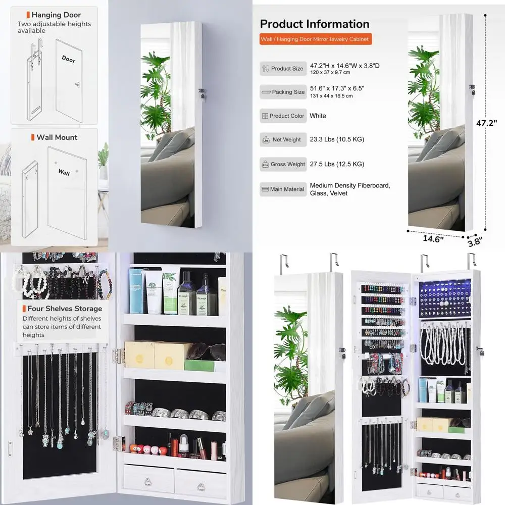 

Белый настенный запираемый зеркальный шкаф с 6 светодиодами, подвесной органайзер для хранения на дверь