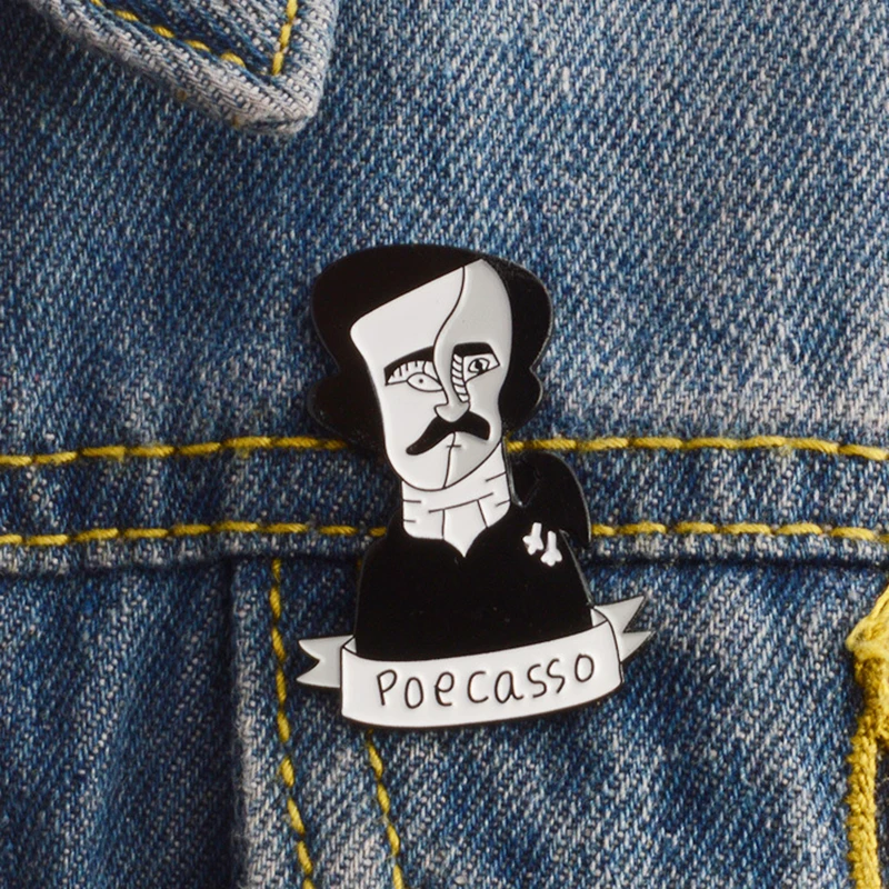 Broche en émail de style art drôle pour hommes, deux faces, noir, Poecasso, mâle, chapeau, sac à dos, chemise, collier, bijoux, descriptif_Allan Poe