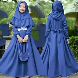 Islamic Kids Prayer Dress 2 Piece Abaya Dubai Turkey Ramadan Sets Eid Muslim Girls Hijab Robe Arab Children Kaftan Middle East