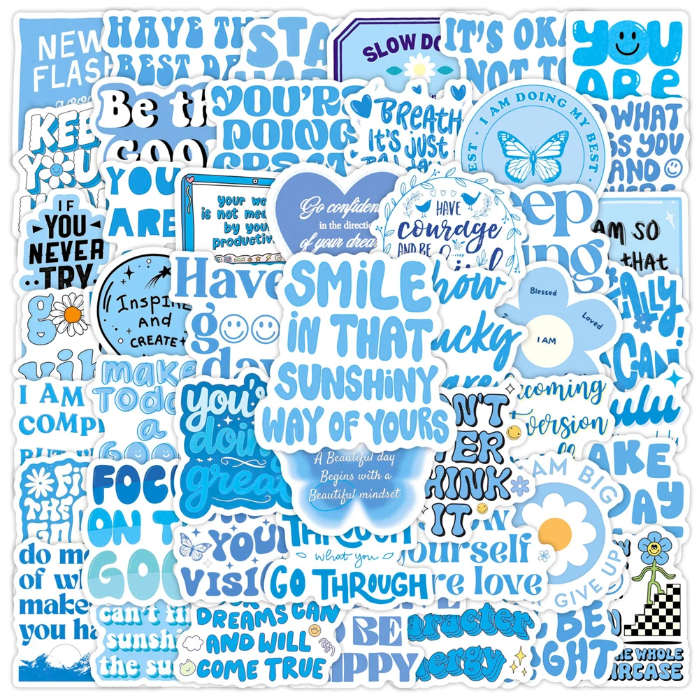 50/100 Stück blaue Aufkleber mit inspirierenden Texten und Slogans für Belohnungen, DIY, Tassen, Schreibwaren, Boxen, Handys, Gitarren, Fenster, Schreibtische, Aktenhalter