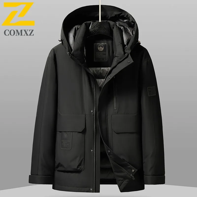 

COMXZ Men Puffer Coat Classic Hooded Commuting Office Windproof Parka Premium Solid Color Travel Comfortable Autumn Winter Coat
