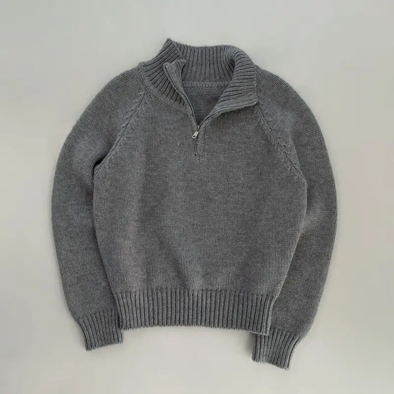 Design chique cor pura camisola de malha feminina ajuste solto outono inverno f zip gola malhas versátil casual topo