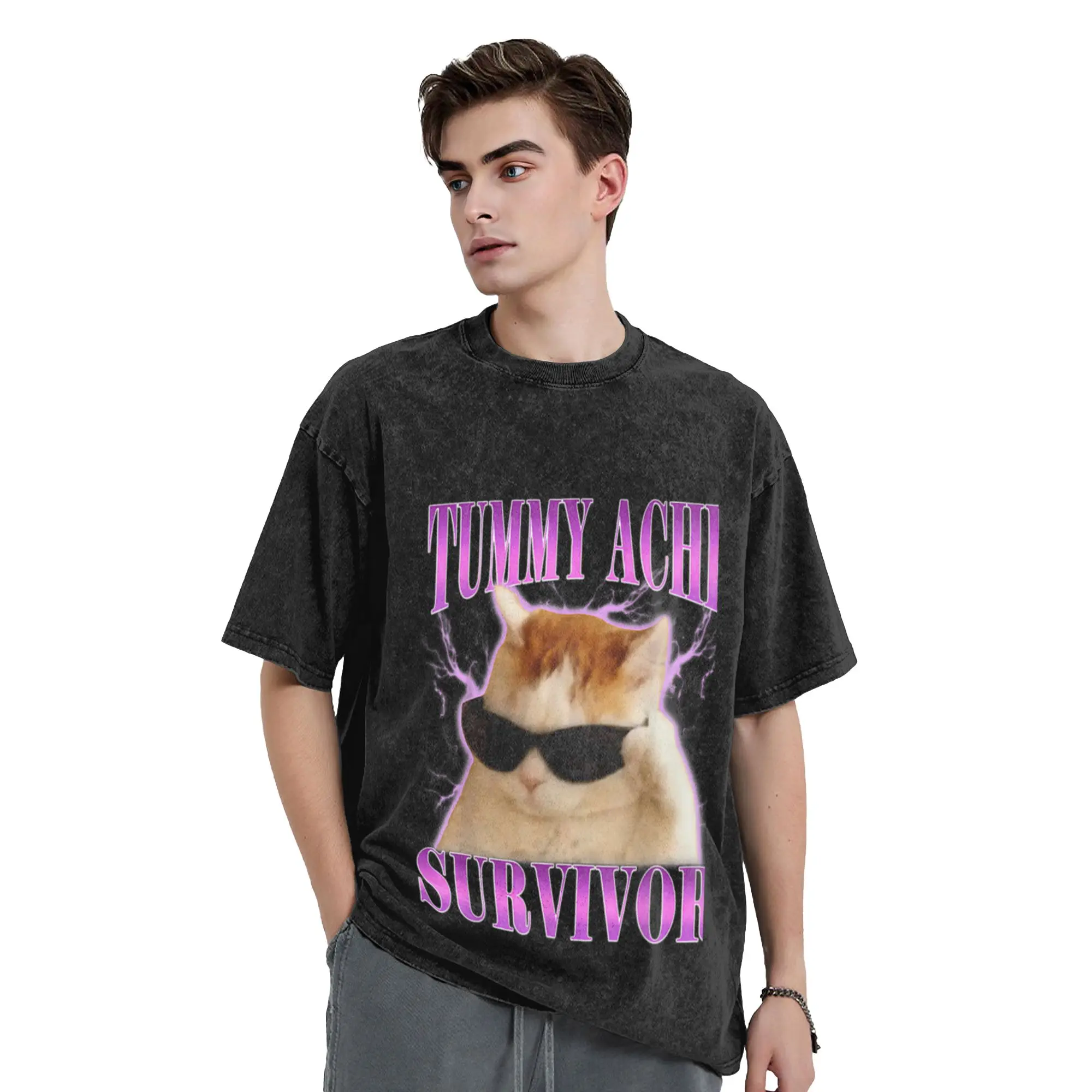 Tummy Ache Survivor Funny Cat Meme Animals Lover Men Women A T-Shirt Oversized Short Sleeve Men's Women's Cotton Tees Tops