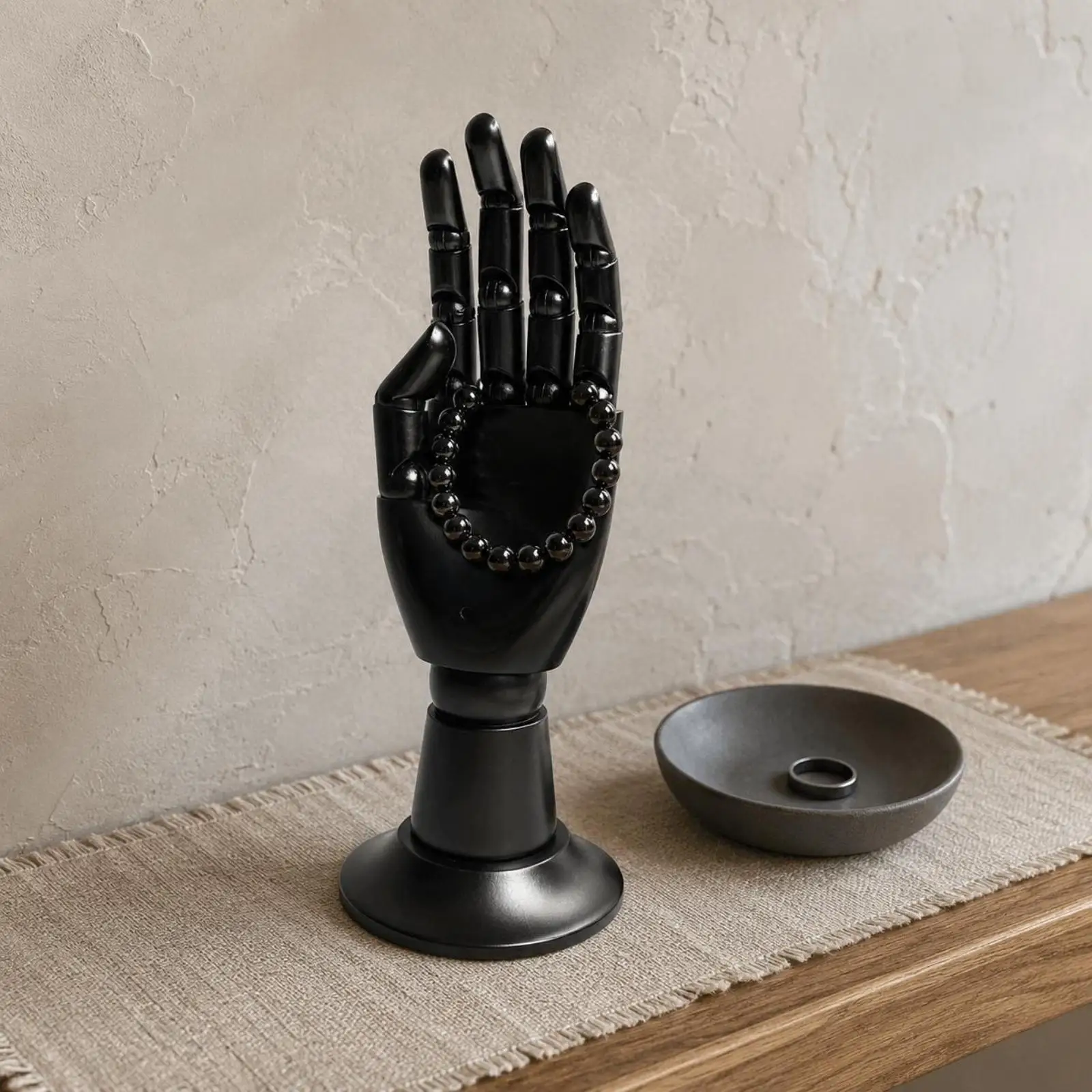 Posed Wooden Hand Model Mannequin with Round Base for Jewelry Showcase Desk Decoration