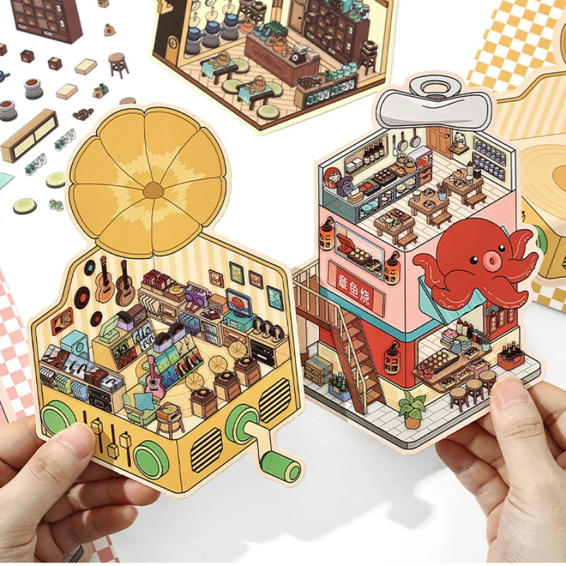 Kawaii Cartoon  Shop 2.5D 3D Visual Miniature Scene Sticker Collection DIY Handmade Pocket House Children's Festival Gift