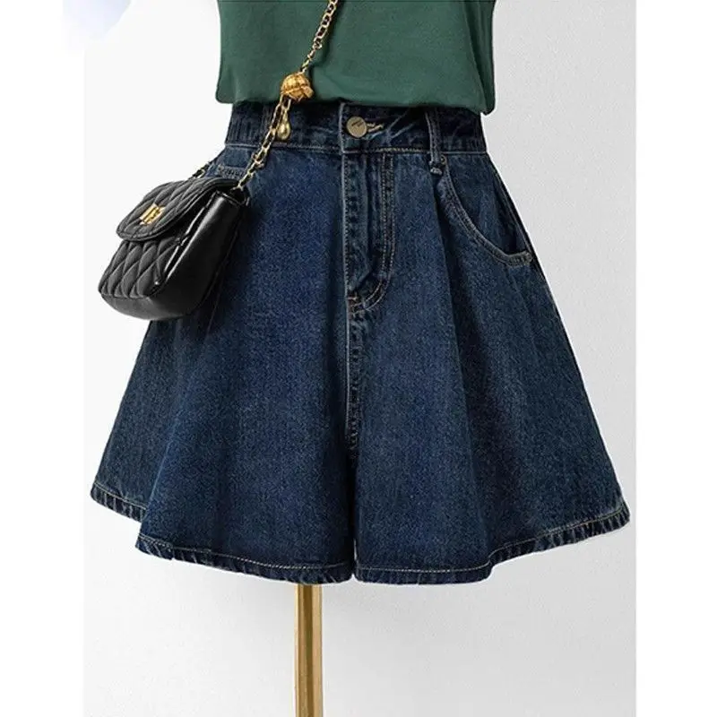 Pleated High Waist Denim Skirt Plus Size Denim Shorts For Women Summer Casual Wide Leg Slim A Line Skirt Elegant Girl Hot Pants