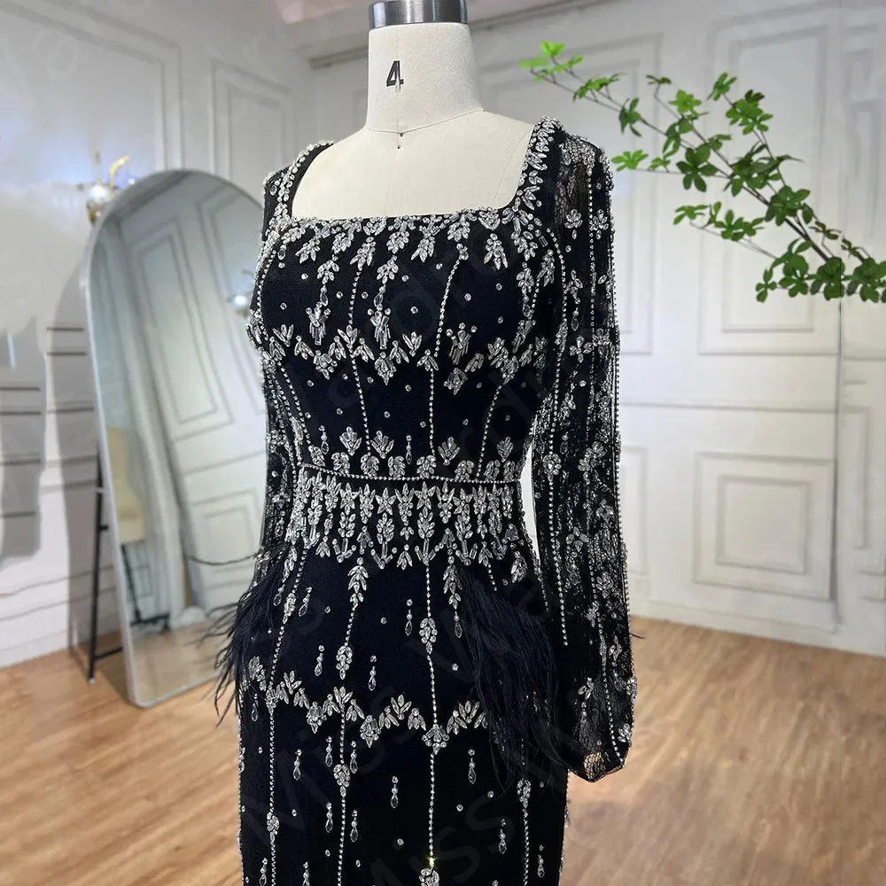 Customized Vintage Feathers Prom Dresses Black Mermaid Wedding Party Dresses Mid Calf Length Beading Evening Gowns Long Sleeves