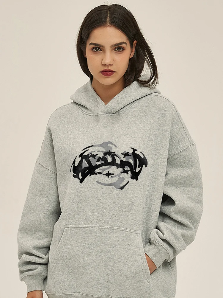 2000s retro Aestheticism letter print pattern hip hop grey hoodies INS style loose cotton long sleeved casual casual couple tops