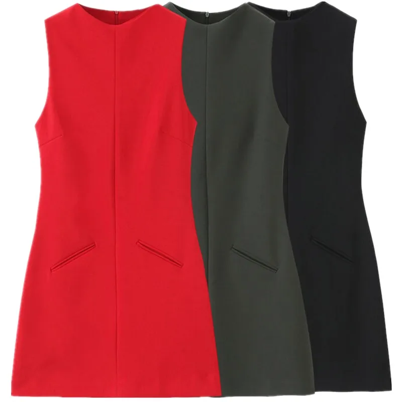 Vestido Curto Slim Fit Tricolor F Primavera 2025, Vestido Justo Versátil, Estilo para o Dia a Dia, Sem Mangas, Decote ...