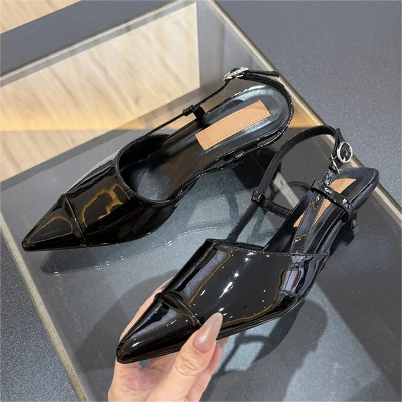 

Women's Pointed Toe Patent Leather Slingback Ankle Buckle Strap Low Kitten Heel Pumps Elegant Office Work Casual Daily Footwear