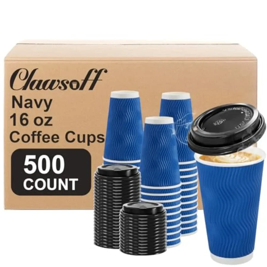500 Pack Coffee Cups with Lids 16oz Disposable Insulated Ripple Wall To Go Paper Coffee Cups for Hot/Cold Drinks Office Home Sh