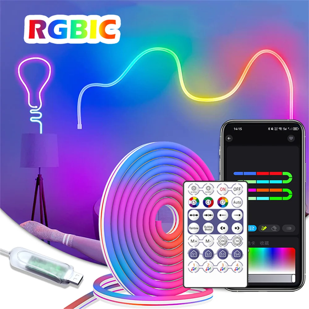 

USB 5V Неоновая лента RGBIC Неоновая светодиодная лента с дистанционным управлением DIY Лента Светодиодная лента Украшение дома Изменение окружающего света