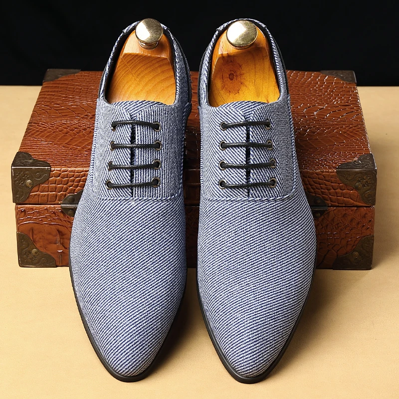 New Men Dress Shoes Lace-up Round Toe Oxfords Blue Gray Business Handmade Wedding Shoes  Size 38-48 Mens Shoes