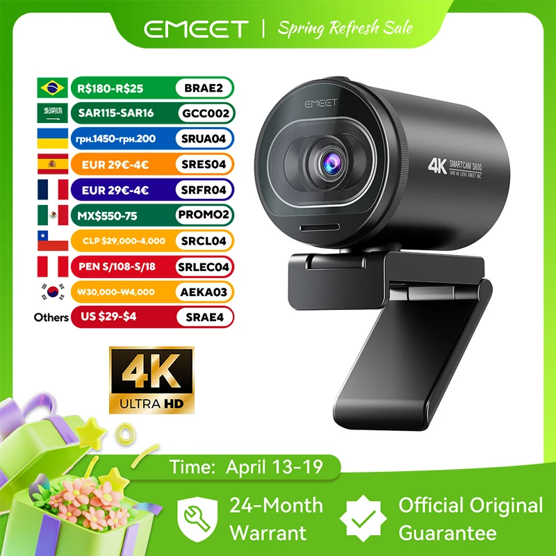 Webcam 4K Streaming Web Camera 1080P 60FPS USB Camera EMEET S600 Autofocus Living Stream Camera With Mics for Tiktok/YouTube