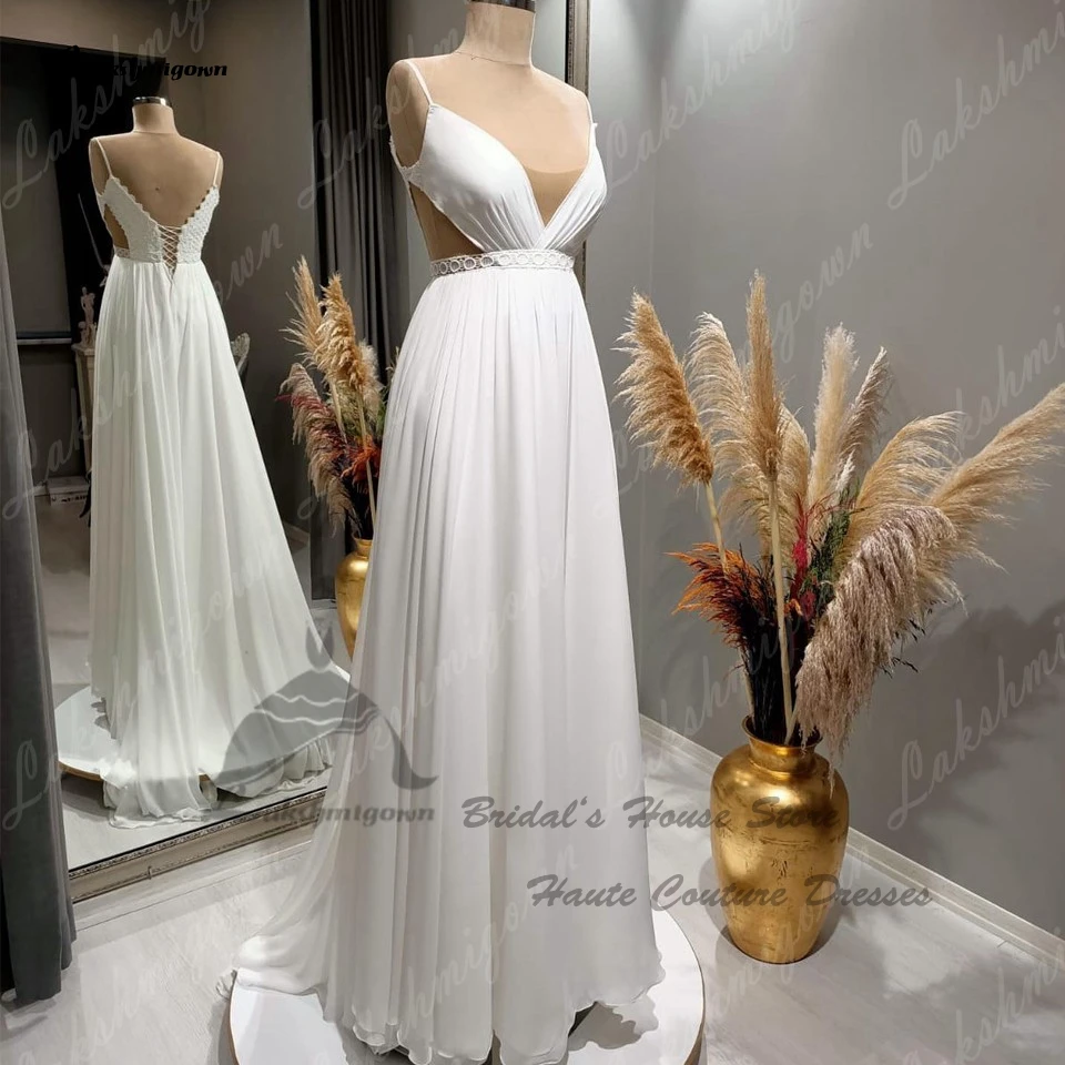 Lakshmigown-vestido de novia de Chifón con tirantes finos, traje de novia de corte A Simple, Sexy, bohemio, corsé con cordones en la espalda, 2023