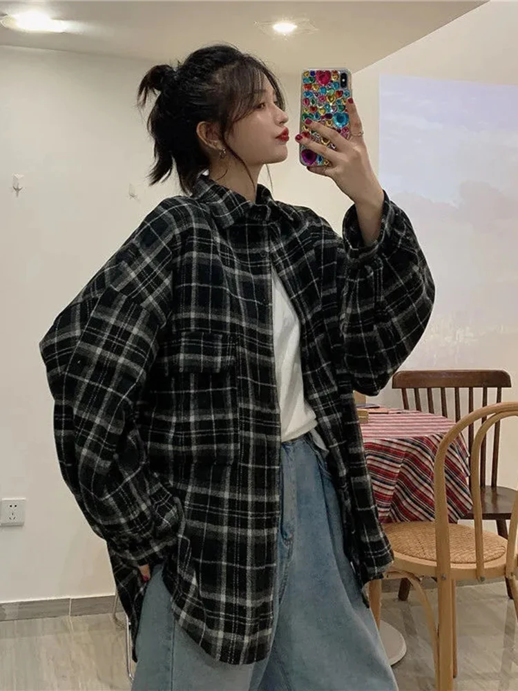 JMPRS Thick Women Shirts Oversize Casual Button Up Loose Shirt Vintage Plaid Pocket Long Sleeve Fall Black Female Tops New