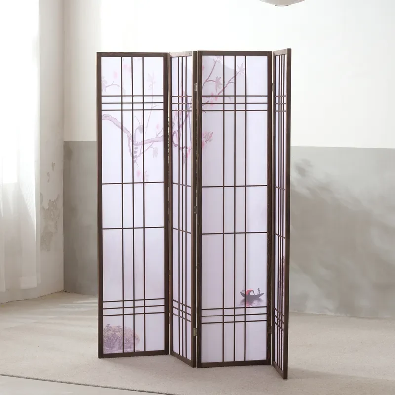 Japanese Style Simple Print Plaid Folding Screen Partition Movable Home Porch Blocking Room Divider Wholesale Manufacturer