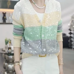 Sweet 2024 Fashion Sequin Knitted Spring and Autumn New Style Spliced V-neck Button Loose Casual Cardigan Long Sleeved Sweater