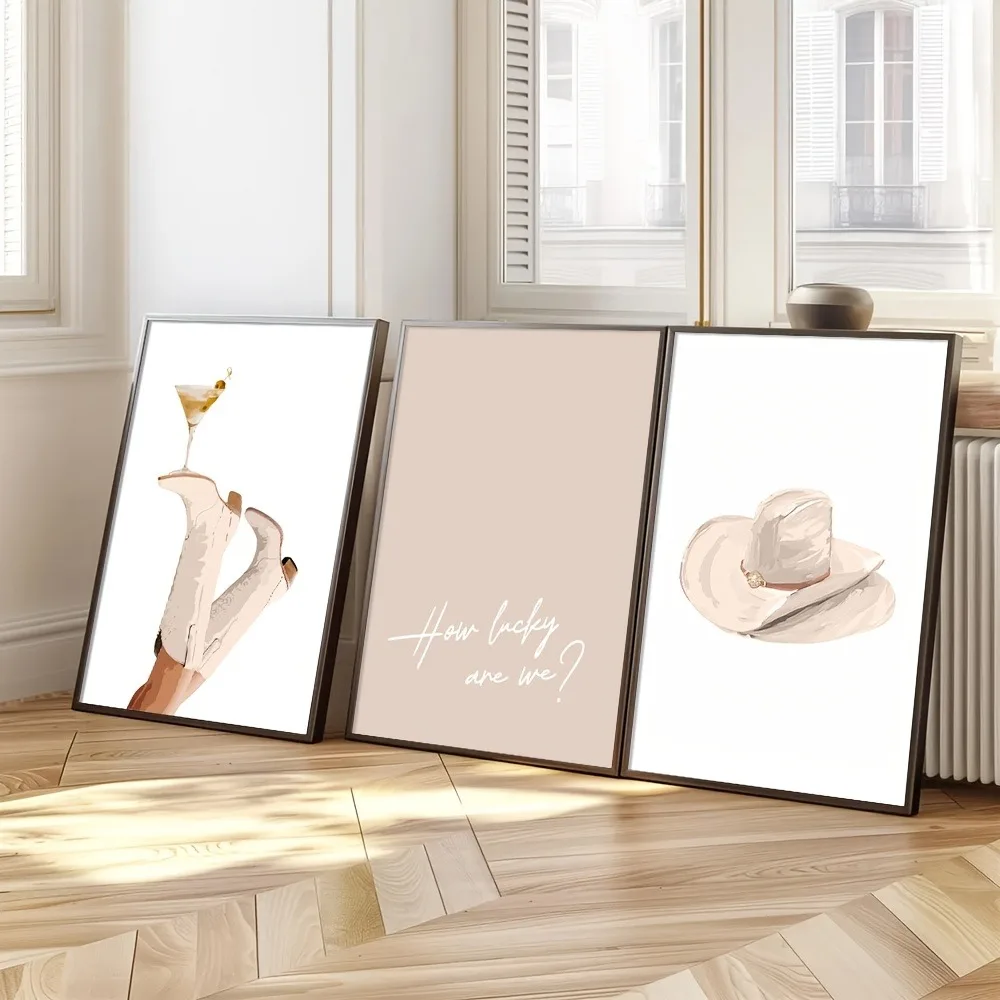 3pcs Frameless Modern Western Cowgirl Wall Art,Beige Cowgirl Boots and Roostertail Martini Poster, Retro Western Home Decorat