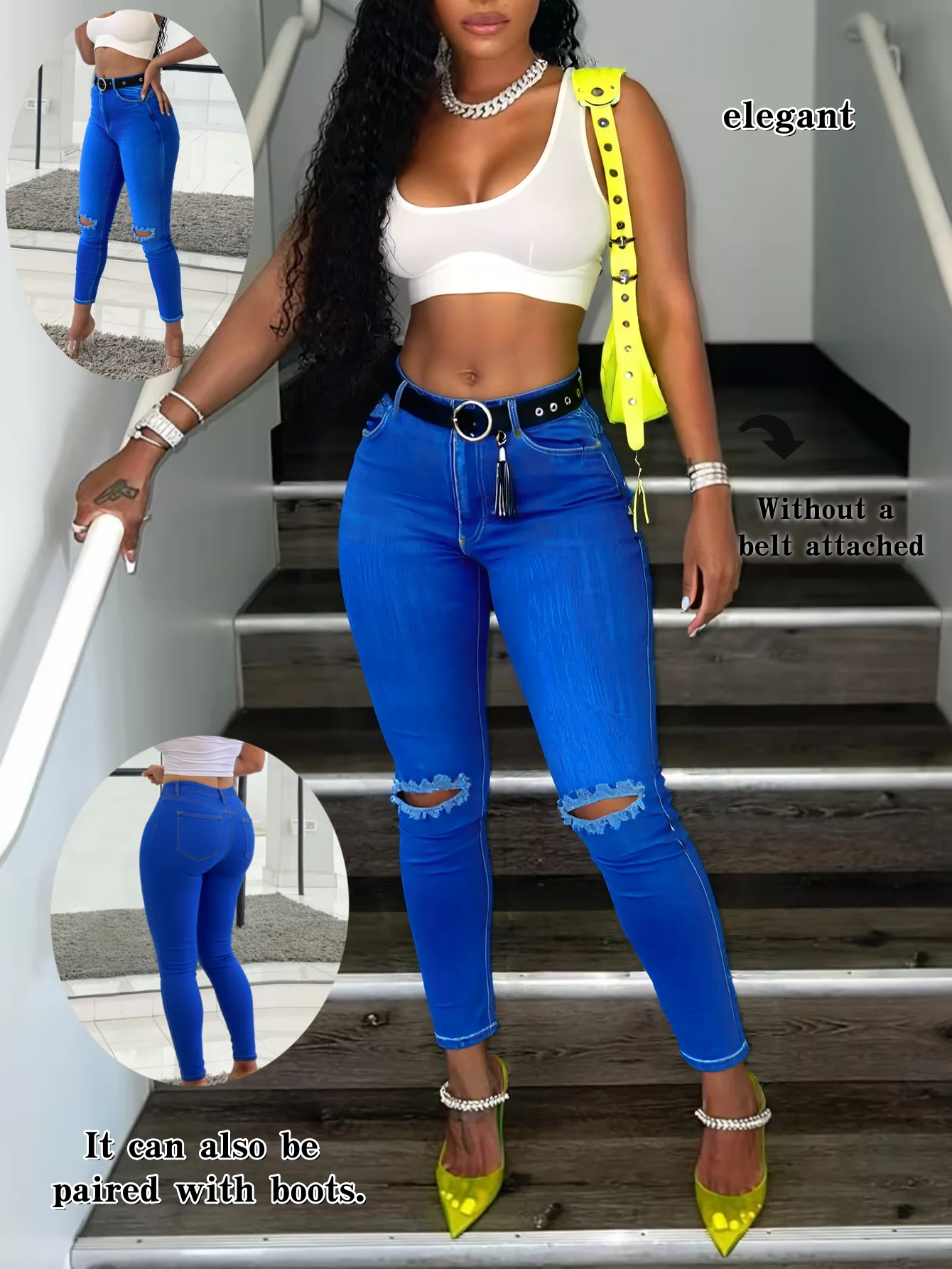 

Women's Versatile Nine-Piece Blue Distressed Elastic Jeans Spring Autumn Winter High Waist Slim Fit Fashionable Split Design