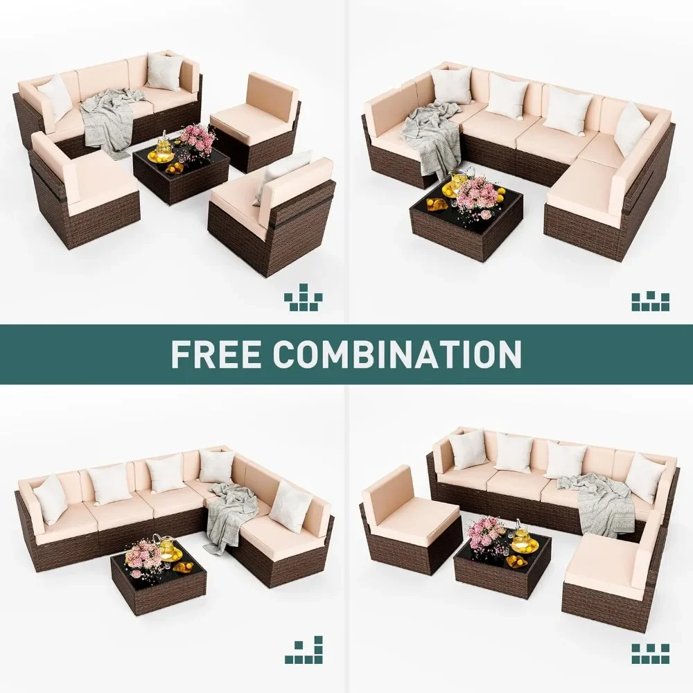 Patio Furniture Set, 7 Pieces Modular Outdoor Sectional, Wicker Patio Sectional Sofa, Rattan Conversation Set with Coffee Table