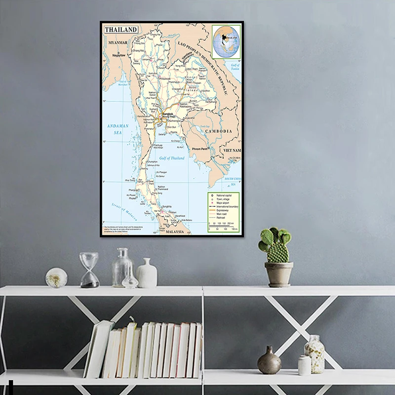 59*84cm Administrative Map of The Thailand Wall Art Poster and Print Non-woven Canvas Painting Living Room Home Office Decor