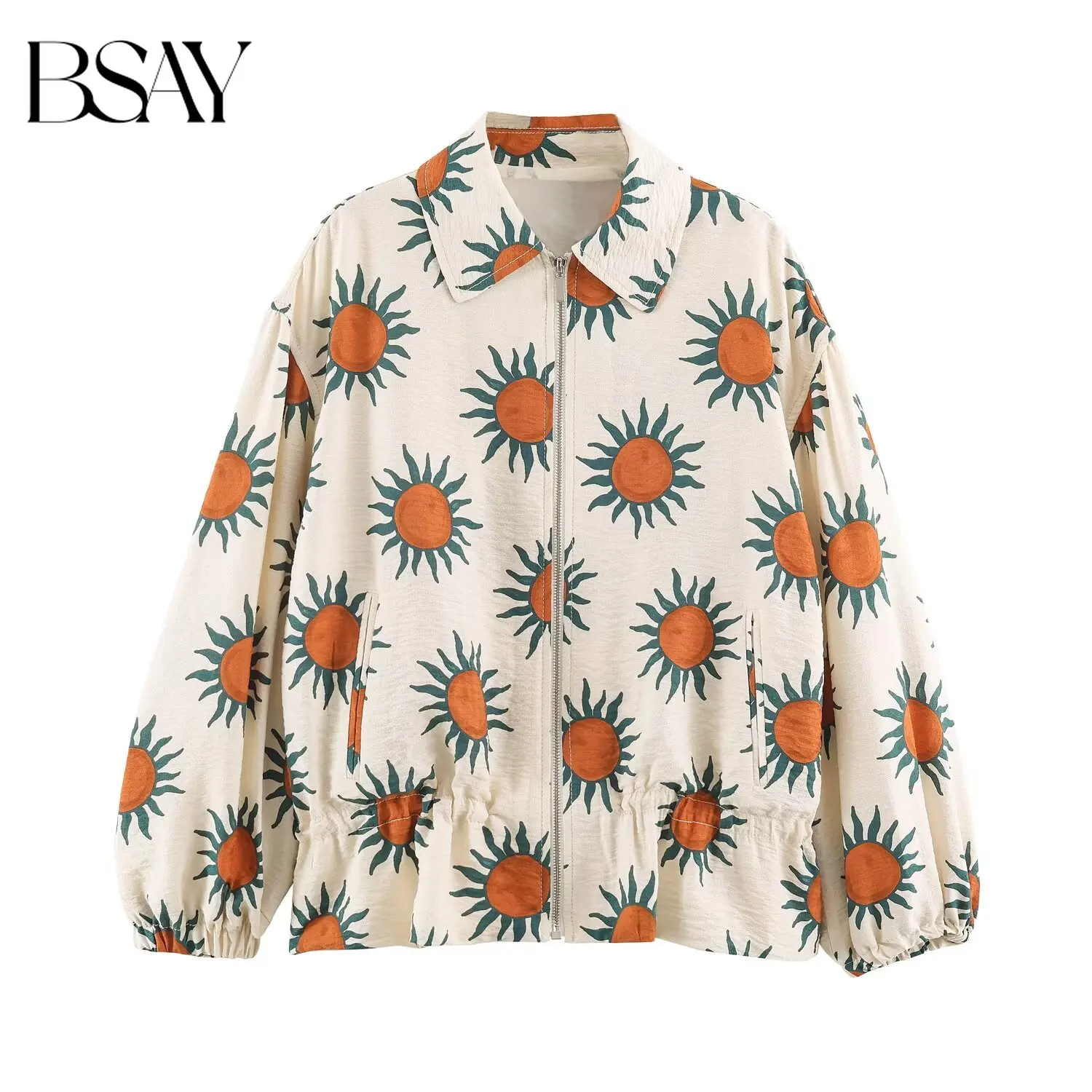 BSAY Boho Retro Women Sun Graphic Print Bomber Jacket Lapel Zip Up Elastic Peplum Hem Long Sleeve Loose Casual Holiday Outerwear