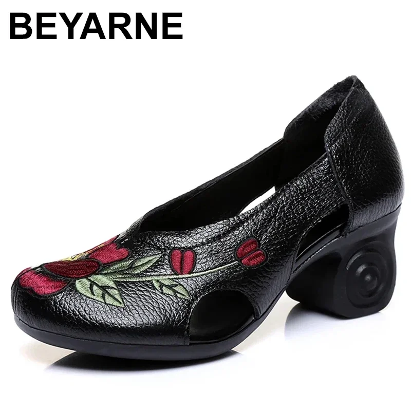 Women Embroidery Pumps Lady 6CM High Heels Shoes Handmade Women Genuine Leather Pumps Spring Autumn Vintage Shoes