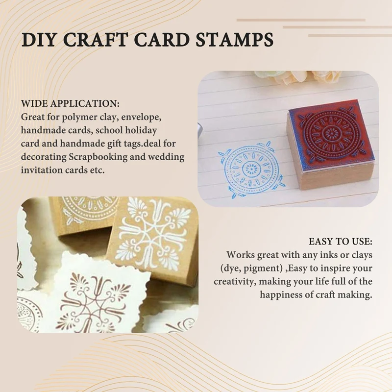 12Pcs Wooden Stamps Floral Pattern Circles And Squares Decorative Rubber Wooden For DIY Craft Card And Scrapbooking