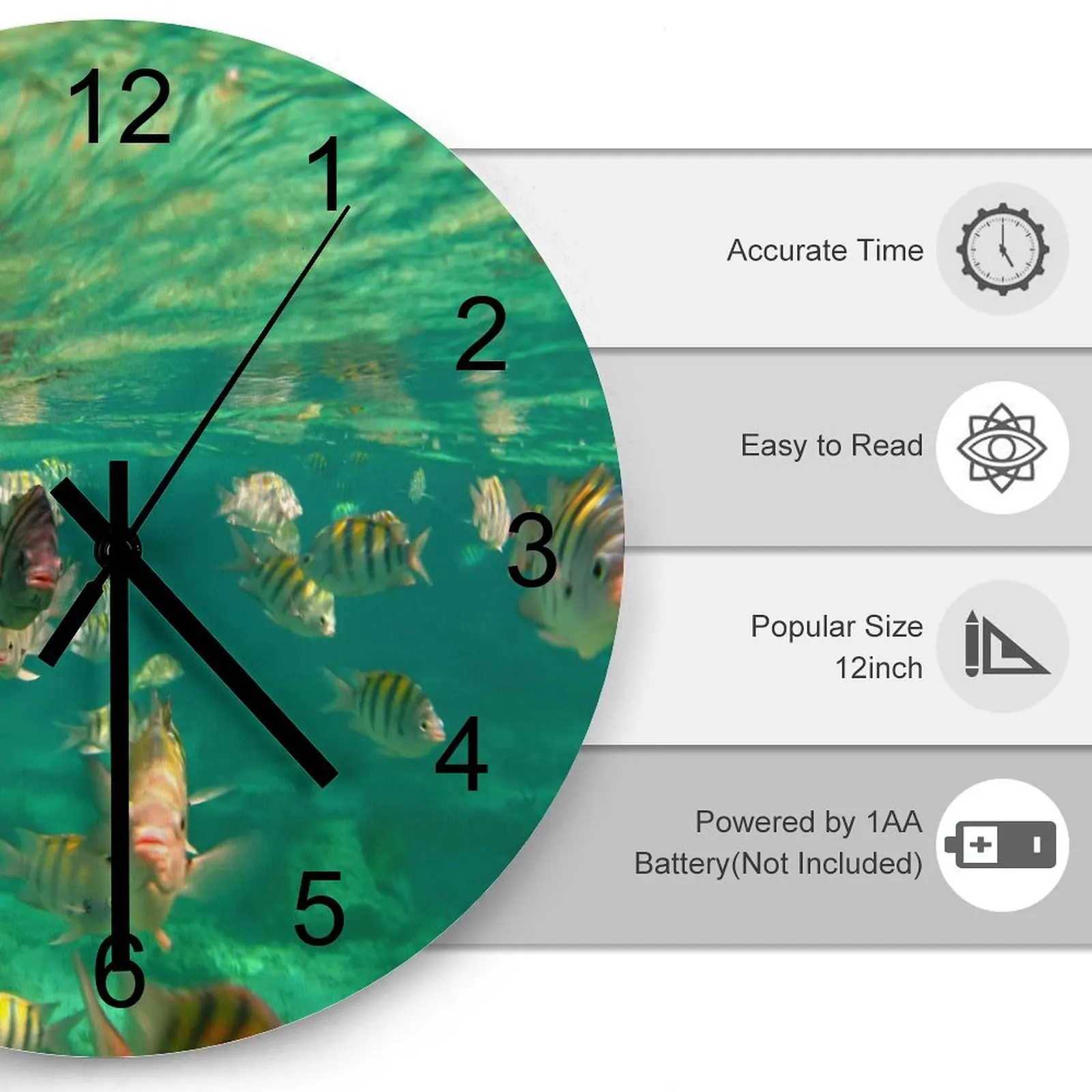 Living Room Wall Clock Underwater world striped fish Clocks 12 inch Silent Fashion Round Durable Circular Classic