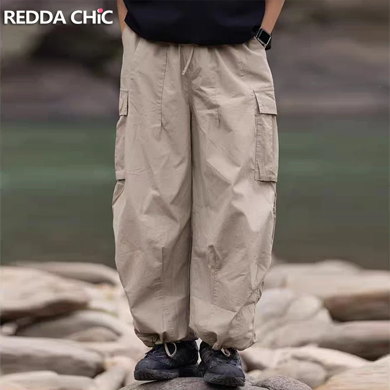 

REDDACHIC Брюки-карго цвета хаки для мужчин Большие размеры Cleanfit Свободные длинные брюки с несколькими карманами и завязками на талии Винтажная повседневная одежда
